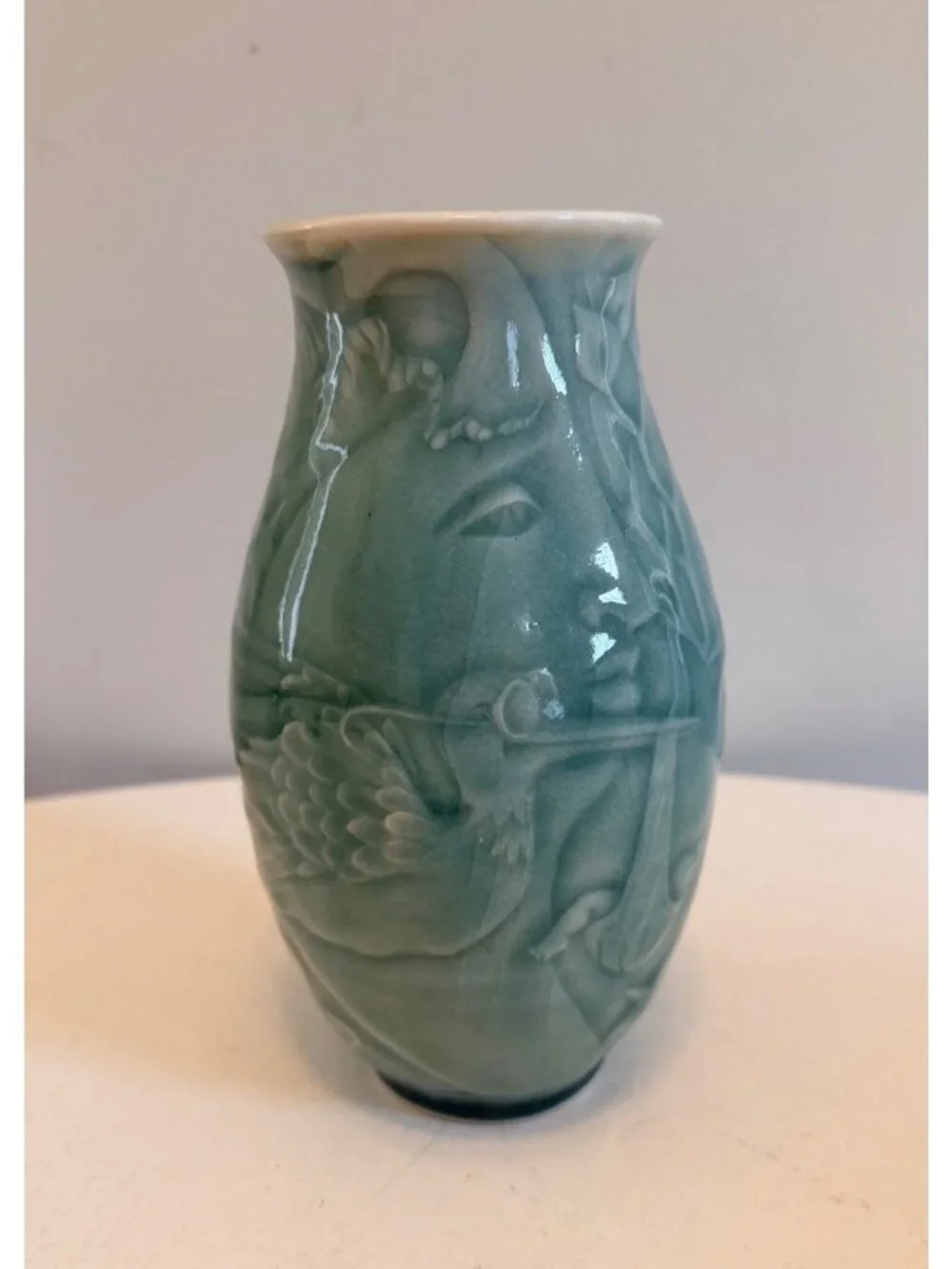 Scargo Pottery Vase Mary Holl / Harry Holl Celadon Glaze Fantasy Nature Fairy